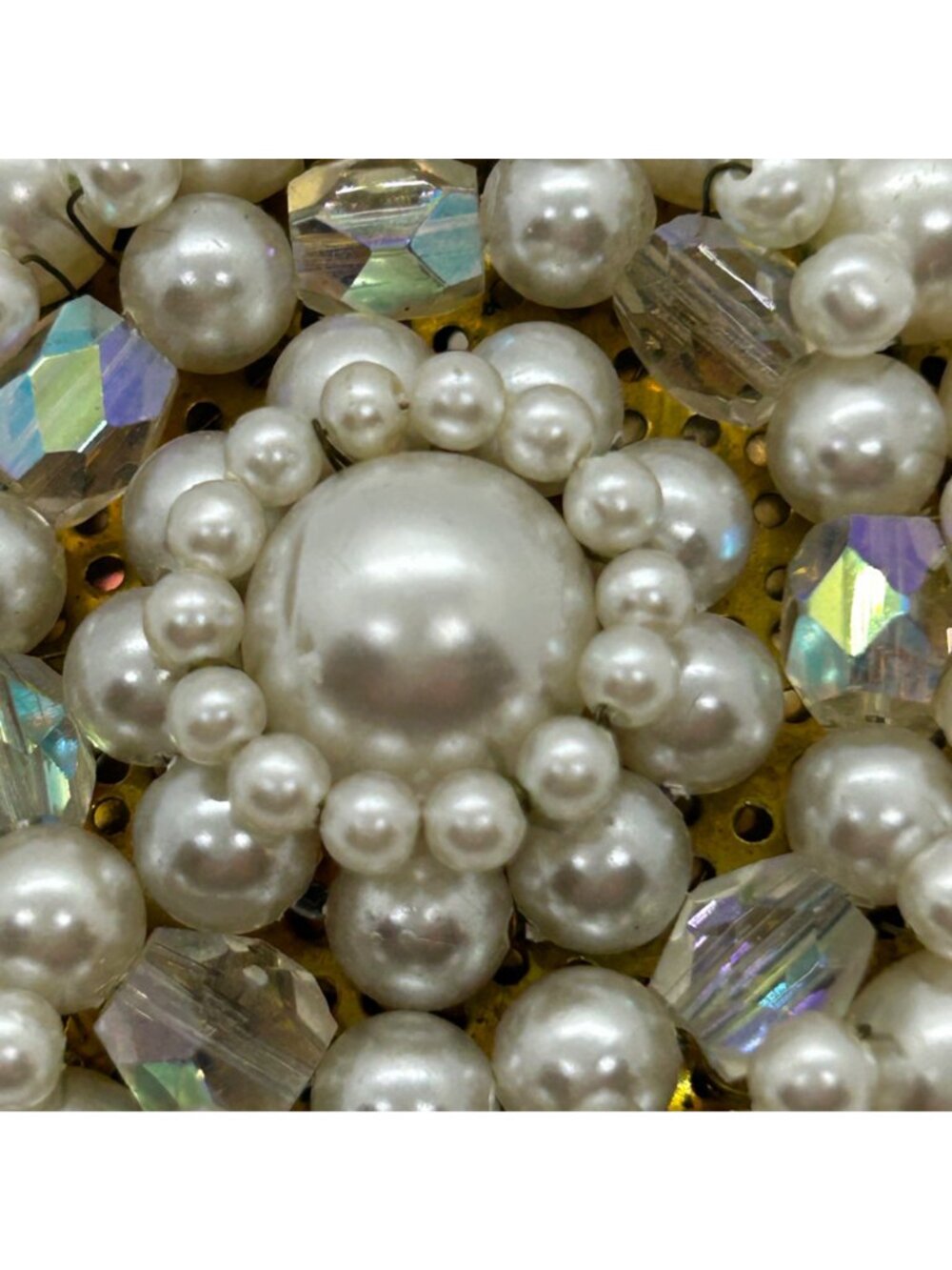 Vintage Faux Pearl Brooch Aurora Borealis Crystals Wreath Cluster 1950s Japan - Picture 9 of 13